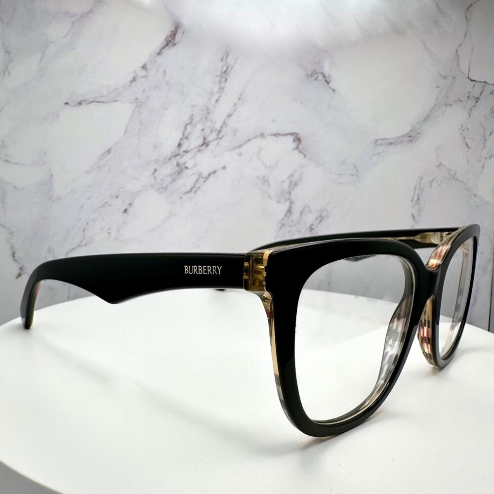 New Burberry Eyeglasses Square Black Checkered Interior 53-19-140 w/ Box & Case